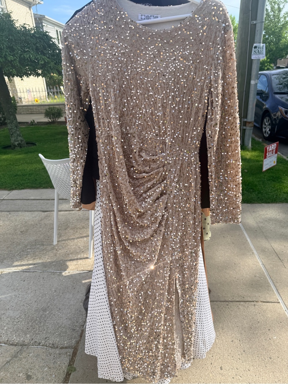 Sequin Ruched Long Sleeve Dress - Champagne